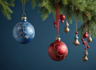 Ornament elements with Christmas decorations hanging on a blue background, snowflake pattern, winter scene, seasonal decoration