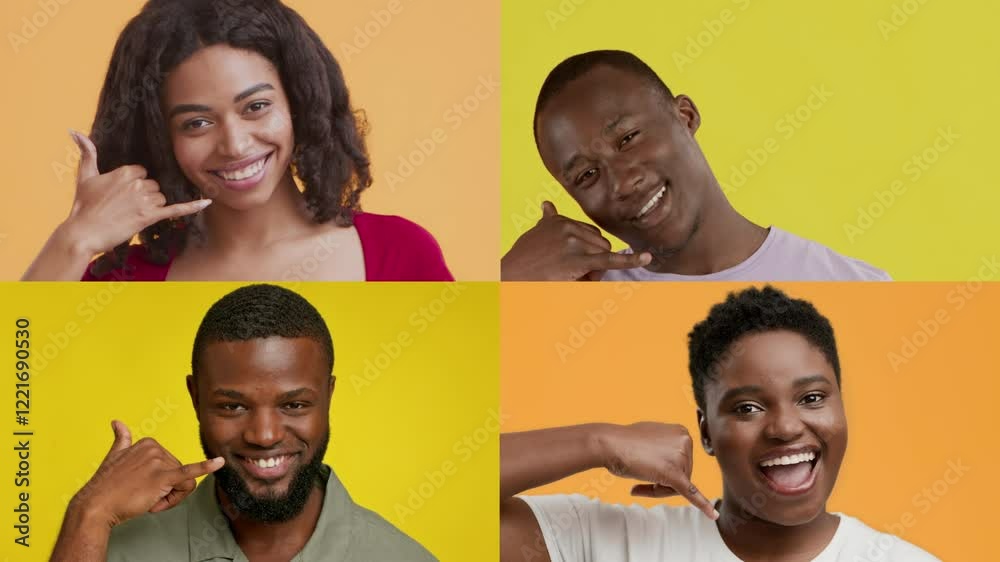 Poster four people showcase diverse backgrounds and emotions in a vibrant setting, each making joyful gestu