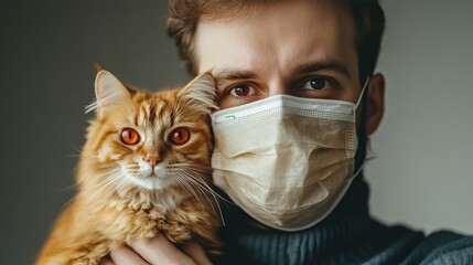 Man in protective mask holding a fluffy ginger cat, highlighting the concept of pet allergy.