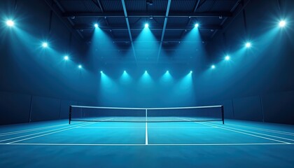 Empty indoor badminton court lit by blue lights. Modern design, organized space. Anticipation of activity. Clean, illuminated arena. Pro sport setting. Modern sport facility. Geometric layout. Great