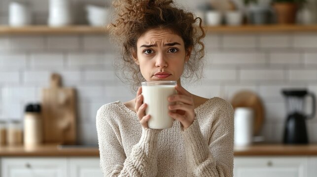 Woman holding glass of milk with concerned expression in kitchen setting, highlighting lactose intolerance allergy concept - Powered by Adobe
