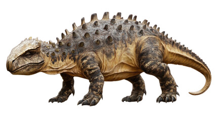 Fototapeta premium Minmi Dinosaur: A detailed digital rendering of a Minmi dinosaur, a small, armored ankylosaur known for its distinctive plates and robust build. The dinosaur is depicted in a dynamic pose.