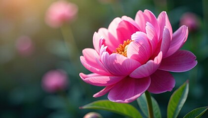 Fototapeta premium Pink peony blossom on stem, peony, pink