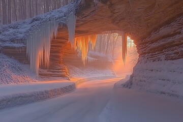 Winter Sunset Through Icy Rock Formation Pathway