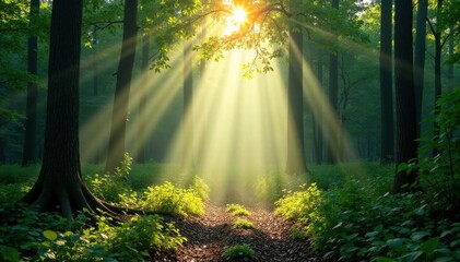 Radiant sunbeams dance across forest foliage , sunbeams, leafy branches