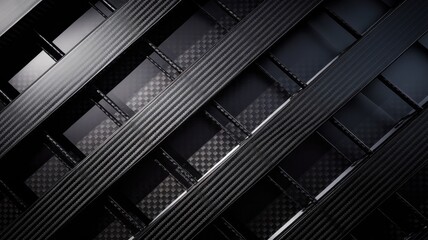 Obraz premium Close-up of parallel black carbon fiber strips, showcasing a modern and sleek texture with a hint of shine, highlighting the material's strength and elegance.