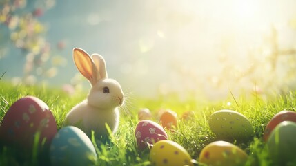 Fototapeta premium Bunny surrounded by colorful Easter eggs on grass with sunlight shining in the background, perfect for spring greetings
