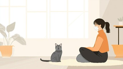 Woman with face mask sitting near cat in bright room, highlighting pet allergy concept