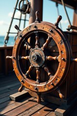 Distressed wooden nautical wheel on a old sailing ship's deck, old ship, monochrome, wooden wheel
