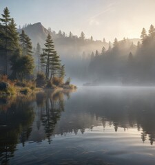 Rideaux Serene lake at dawn with mist rising from the water's surface, water, dawn