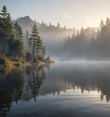 Serene lake at dawn with mist rising from the water's surface, water, dawn