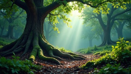 Obraz premium Earthy landscape with misty forest, ancient tree roots , natural, earthy