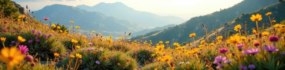 Fototapeta premium Earthy terrain with wildflowers, fauna, natural