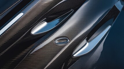 Close-up of sleek carbon fiber and chrome detailing on a luxury vehicle, showcasing modern design and precision craftsmanship.