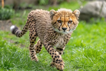 Fototapeta premium Playful Cheetah Cub Strolling Through Lush Green Grass with Adorable Expression, Capturing the Essence of Wildlife and Natural Beauty