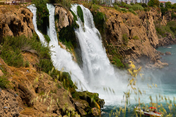 Fototapeta premium Famous Duden waterfalls at dusk in Antalya resort town. Turkey