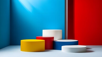 Vibrant Layered Podium with Bold Primary Colors for Minimal Product Showcase