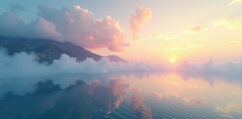 Gentle fog rolls in over a still ocean, sea, water