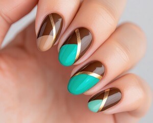 Close up of mocha mousse nails with bold turquoise accents and metallic gold stripes