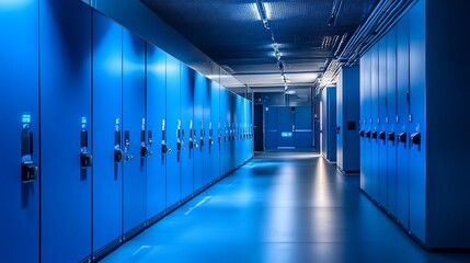 Obraz premium Long perspective corridor of blue lockers with glowing light and shadow in the area