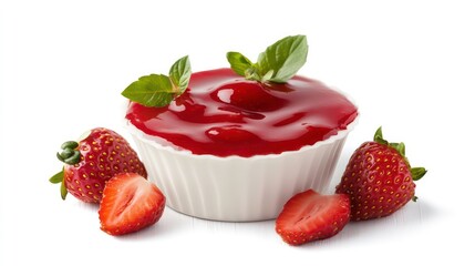Fresh strawberry jam in a small white bowl, garnished with mint leaves and surrounded by whole and halved strawberries.