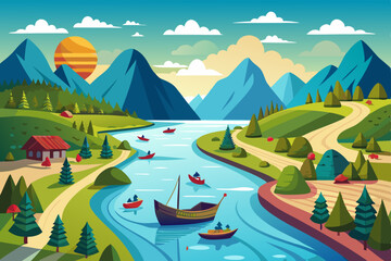 Fototapeta premium A big river small boat are catching fish vector art illustration