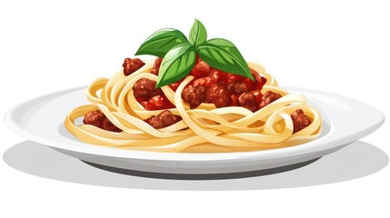 Pasta Tagliatelle Bolognese with meat tomato sauce and fresh basil leaves on white plate. Light gray table