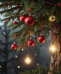 Holiday Decorations Hanging from Tree Branches, Sparkling Lights, , Christmas Decorations