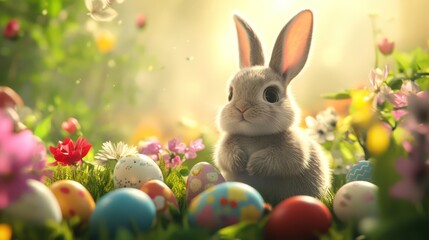 Charming bunny surrounded by a variety of colorful Easter eggs and spring flowers in a festive garden