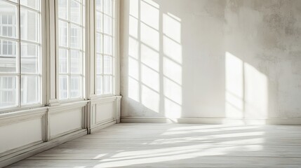 Sunlit spacious room with rustic wooden floors and large windows casting shadows, highlighting dusty environment concept of allergy
