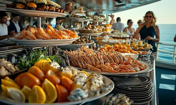 Luxurious seafood buffet on a yacht with guests enjoying a sunny day at sea, vibrant food display