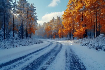 Snowy Winter Road Through a Forest of Golden and White Trees