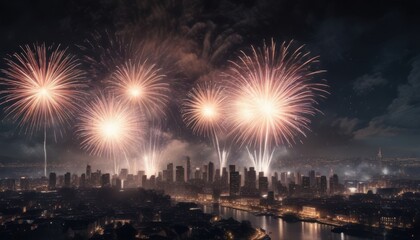 Fototapeta premium New Year's Eve fireworks exploding in the sky over a cityscape at midnight, celebration, fireworks