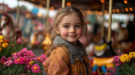 Obraz premium Children and families enjoying a vibrant carousel decorated with spring flowers