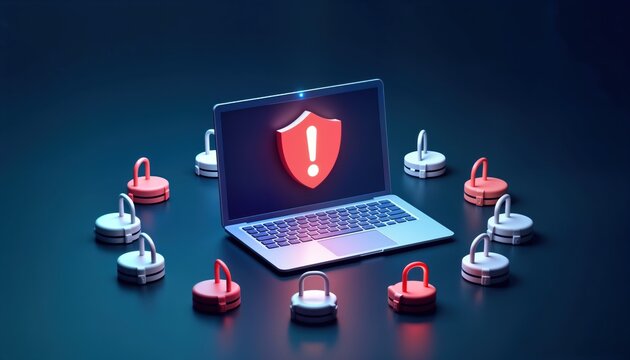 Futuristic laptop displays security alert. Small padlocks surround tech device. Concept highlights data protection and cyber threats. Digital safety and tech security are crucial.