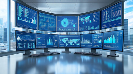 Futuristic Data Monitoring Control Center With Multiple Screens Displaying Global Analytics