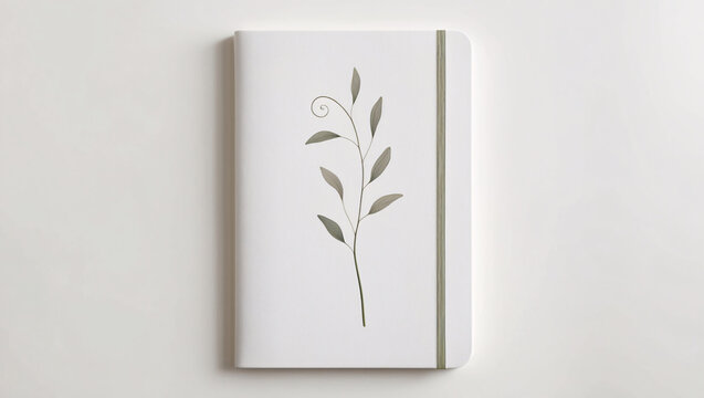 White sleek notebook with watercolor botanical design on the front cover placed on clean white background for a serene look
