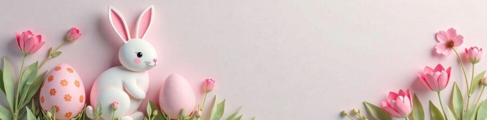 Obraz premium Pastel paper cut bunny with decorated egg , paper craft, illustrations, colorful