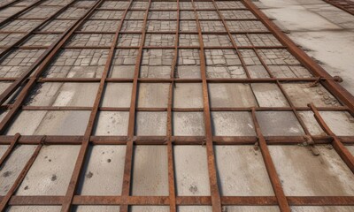 Rough concrete grid with horizontal bars and rusted iron mesh overlay, concrete, grid