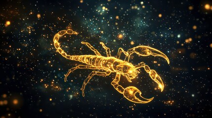 Scorpio constellation as a glowing golden scorpion in space with starry background