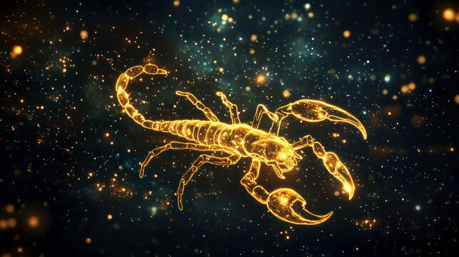 Scorpio constellation as a glowing golden scorpion in space with starry background