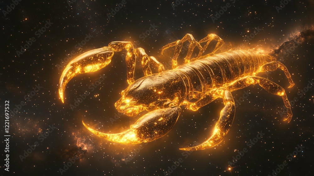 Sticker scorpio constellation as a glowing golden scorpion in space with starry background