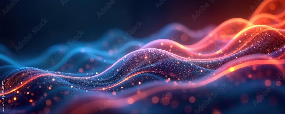 Poster futuristic abstract design shows pulsating light lines on nanoscale. wave-like patterns create energ