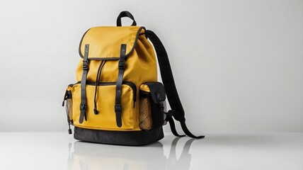 Yellow backpack opened isolated on white. School bag advertisement design. Knapsack, rucksack, travel bag. Touristic items.