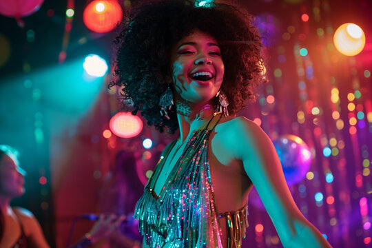 1970s Costume in a Theater Show with a Colorful Celebration and Disco Dancer Performing for Happy Carnival Audience
