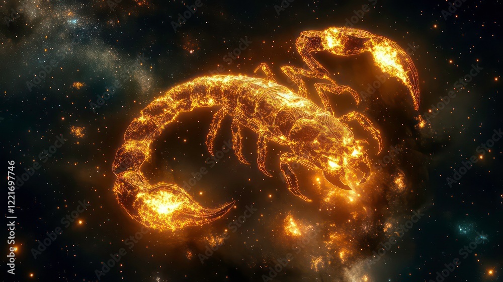 Poster scorpio constellation as a glowing golden scorpion in space with starry background