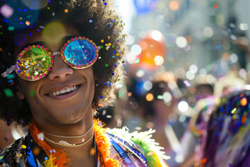 1970s Costume at a Carnival Parade with Disco Dancer and Colorful Floats on a Vibrant Street Celebration
