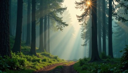 Obraz premium Soft focus on a misty forest with towering trees, scenery, foggy