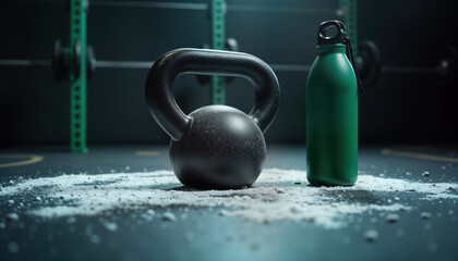 Black kettlebell sits on gym floor covered with chalk dust. Green water bottle beside it. Fitness equipment ready for workout. Gym interior. Strong determination implied.
