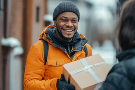 Delivery person handing a package to a recipient